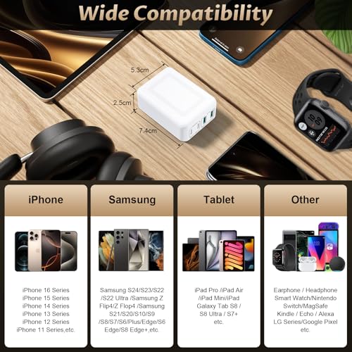40W Flat USB C Wall Charger 4Port Foldable Slim Fast Charging Block - color: White | 1-Pack | 4-Port