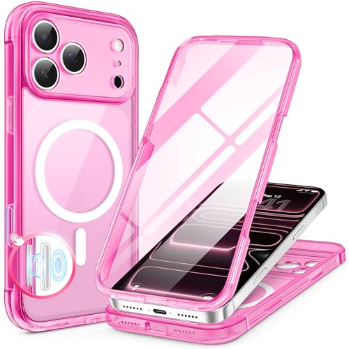 BERFY for iPhone 17 Pro Case, Compatible with MagSafe, Built-in Glass Screen Protector, Camera Protection, Shockproof Full Body Phone case 6.3", Clear Bright Pink