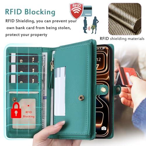 for Wallet Case Compatible with iPhone 17 Pro Max,Multi-Function Detachable 2 in 1 Magnetic iPhone 17 Pro Max Case Wallet,Flip Strap Zipper Card Holder Phone Case with Shoulder Straps (Green) - color: Green, size: iPhone 17 Pro Max