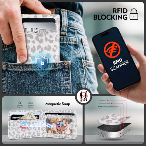 RFID Blocking MagSafe Wallet Stand with Card Holder,5 Card Slots & ID Window,PU Leather Magnetic Adjustable Kickstand for iPhone 12/13/14/15/16/17 Pro Max & Air Plus Series,Leopard-White - color: Leopard-White, style: Stand Wallet