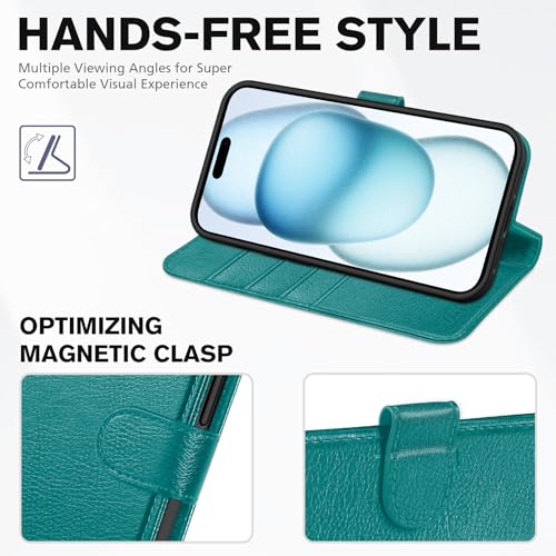 TUCCH Wallet Case for iPhone 15 (6.1") 2023, 4 Card Slots, Cyan | RFID Blocking, Viewing Stand, Shockproof TPU Shell, PU Leather, Magnetic Closure, Protective Folio Flip Cover - color: Cyan - Textured
