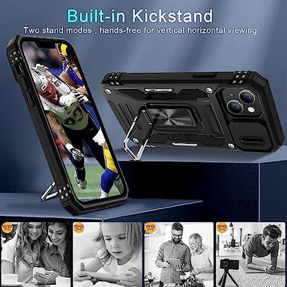 DEERLAMN Case for iPhone 13/iPhone 14 6.1-Inch with Slide Camera Cover+Screen Protector(2 Packs),Rotated Ring Kickstand Military Grade Shockproof Protective Cover-Black - color: Black