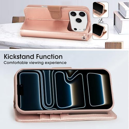 Arae Compatible with iPhone 17 Pro Case Wallet with Card Holder, Wristlet Strap Wallet Flip Cover for iPhone 17 Pro 6.3 inch Men/Women, RFID Blocking, Kickstand, Rose Gold - color: Rose Gold, size: iPhone 17 Pro 6.3 inch
