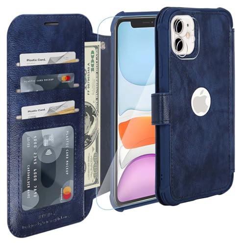 VANAVAGY Wallet Case for iPhone 11 6.1 inch, Navy Blue | 12ft Drop-proof Cover for Women Men, Silm PU Leather, RFID Blocking Card Holder, Wrist Strap, Screen Protector - color: Navy Blue