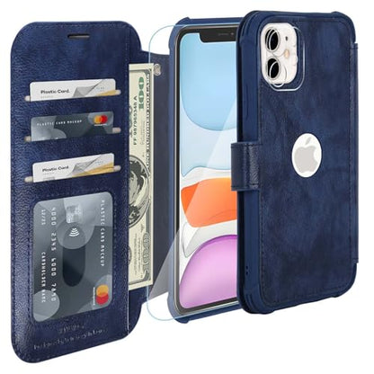 VANAVAGY Wallet Case for iPhone 11 6.1 inch, Navy Blue | 12ft Drop-proof Cover for Women Men, Silm PU Leather, RFID Blocking Card Holder, Wrist Strap, Screen Protector - color: Navy Blue