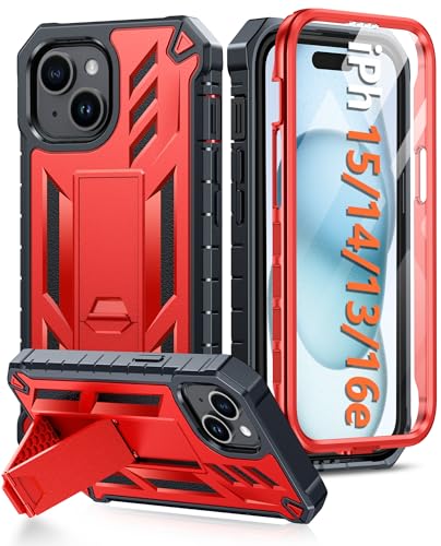 FNTCASE for iPhone 15/14/13 Case, Built-in Screen Protector, Kickstand Red | 20FT Military-Grade Drop Protection, Anti-Slip Matte Textured, Rugged Heavy Duty Shockproof Protective Phone Cover, Red - color: Red
