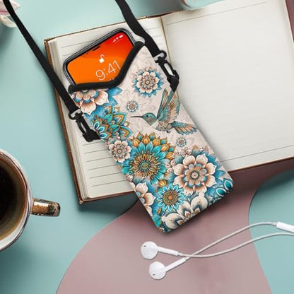 Women Men Small Crossbody Phone Bag Cellphone Wallet Purse Compatible with Most Smartphones Phone Carry Pouch for Travel, Outings, Beach, Hiking, 8 x 4 inch, Boho Flower Hummingbird - color: Boho Flower Hummingbird