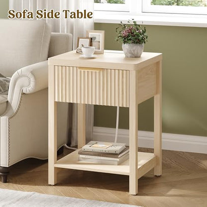 Night Stand Set 2, Fluted Wood Nightstands w/Charging Station for Bedroom - color: Natural Oak, size: 1 Drawer-Set of 2 Nightstand