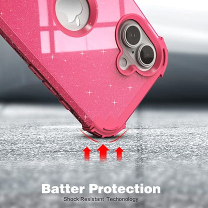 IDweel for iPhone 17 Case with Screen Protector for Women, 3 in 1 Shockproof Slim Fit Hybrid Heavy Duty Hard PC Cover Soft Silicone Bumper Full Body Anti-Fingerprint Case, Glitter Rose Red - color: Glitter Rose Red