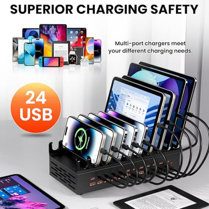 300W USB Charging Station for Multiple Devices - 24 Ports Desktop Multi Fast Charger Station with Device Organizer Stand & Multi Protection, USΒ Power Strip Suitable for Home Office School Studio