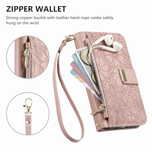 for iPhone 17 Pro Max Phone Case Wallet, Pink | Built-in Card Holder (8-10 Cards), Zipper Pocket, Wrist Strap, Stand Kickstand, Flower PU Leather Protective Phone Case Women - color: Pink, size: iPhone 17 Pro Max