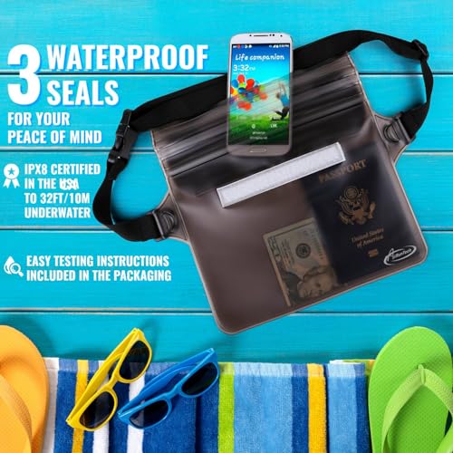 AiRunTech Waterproof Fanny Pack, Beach Cruise Vacation Essentials, Waterproof Pouch Protect Phone Passport Valuables Dry Safety, Paddle Board Kayaking Boating Swimming Accessories-2 Pack（Gray + Black） - color: Black+Grey