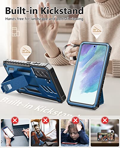 for Samsung Galaxy S21-FE Phone Case: Dual-Layer Military Grade Drop Proof Full Protection Cover with Kickstand | Durable Rugged Shockproof TPU Matte Textured Tough Protective Bumper Shell (Blue) | Rugged Kickstand, Military-Grade Drop Protection, Matte T