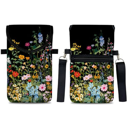 Neoprene Cell Phone Sleeve Pouch Case Bag with Crossbody Strap Neck Lanyard for Women 7.5 X 4.3 in Flowers Plants - color: Flowers Plants