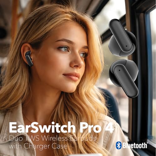 RCA EarSwitch Pro 4-in-1 Duo TWS Wireless Earbuds, Bluetooth 5.4 Open-Ear & in-Ear Dual Buds with LED Charging Case, Touch Control, Built-in Mic, 6H Playtime for Sport & Office (Black) - color: Black