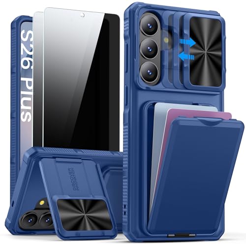 SSLOTSCASE for Samsung Galaxy S26+ Plus Case with 2X Privacy Screen Protector, Military-Grade Shatterproof, Card Holder & Stand & Slide Camera Cover, Multi-Functional Phone Cover for S26+ Plus, Blue - color: Blue-PSP, size: S26+ Plus