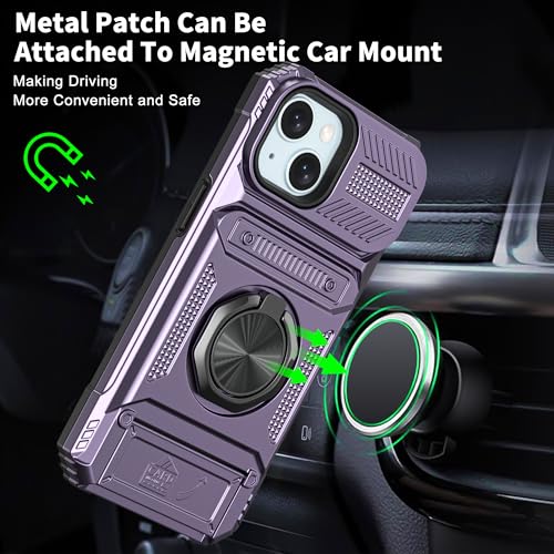 Vofolen for iPhone 15 Wallet Case with Card Holder [Store 2 Cards] Purple | 360°Magnetic Rotated Ring Stand Dual Layer Heavy Duty Shockproof Drop Protection Wallet Phone Case for iPhone 15-6.1'' Purple - color: Purple