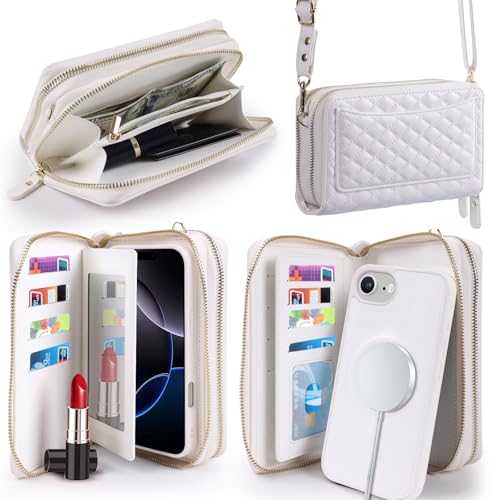 Harryshell Compatible with iPhone 16e / 17e Case Wallet Multi Zipper Detachable Removable Cover Purse with RFID Blocking Card Slots Holder Mirror Crossbody Strap (Compatible with Magsafe - White) - color: Compatible with Magsafe - White, size: iPhone 16e