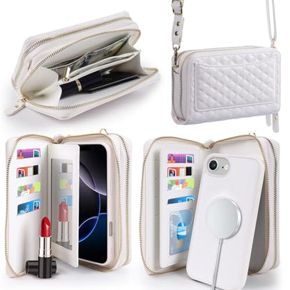 Harryshell Compatible with iPhone 16e / 17e Case Wallet Multi Zipper Detachable Removable Cover Purse with RFID Blocking Card Slots Holder Mirror Crossbody Strap (Compatible with Magsafe - White) - color: Compatible with Magsafe - White, size: iPhone 16e