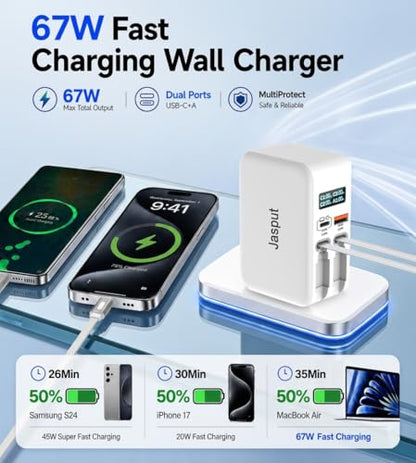 Jasput 67W Retractable Wall Charger, Built-in Dual USB-C Cables - color: White-CC