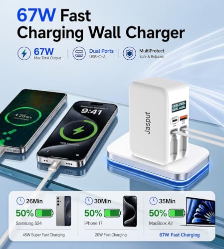 Jasput 67W Retractable Wall Charger, Built-in USB-C & for Apple Cables - color: White-CL