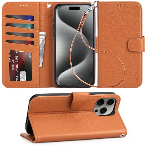 Arae Compatible with iPhone 15 Pro Max Case with Card Holder and Wrist Strap Wallet Flip Cover for iPhone 15 Pro Max 6.7 inch Men RFID Blocking Wristlet Kickstand,Light Brown - color: Litchi Light Brown, size: iPhone 15 Pro Max 6.7 inch