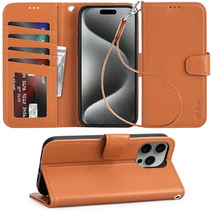 Arae Compatible with iPhone 15 Pro Max Case with Card Holder and Wrist Strap Wallet Flip Cover for iPhone 15 Pro Max 6.7 inch Men RFID Blocking Wristlet Kickstand,Light Brown - color: Litchi Light Brown, size: iPhone 15 Pro Max 6.7 inch