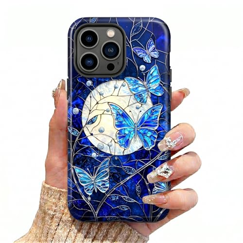 for iPhone 14 Pro Case,Dreamy Blue Butterfly Moon Pattern for Boy Men Girls Women,Camera Scratch Protection,Shockproof TPU Hard PC Protective Phone Cover. - color: Dreamy Blue Butterfly Moon, size: for iPhone 14 Pro