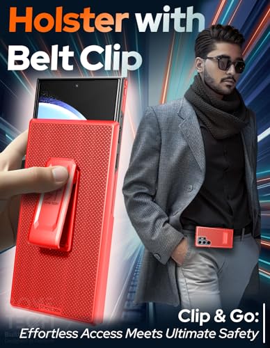 Designed for Samsung Galaxy S24 Ultra Case with Belt Clip Holster | Rugged Cover with Strong Magnet & Kickstand Heavy Duty Combo - Red - color: Red, style: Galaxy S24 Ultra