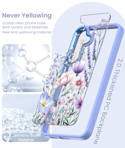 Clear Flower Pattern Case for Samsung Galaxy S26 FE-Light Purple | Girl Women Slim Soft TPU + Hard PC Military Grade Protective Phone Cover WithTempered Glass Screen Protector for S26 FE - color: S26 FE-Light Purple