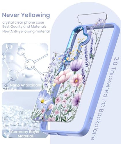 Clear Flower Pattern Case for Samsung Galaxy S26 FE-Light Purple | Girl Women Slim Soft TPU + Hard PC Military Grade Protective Phone Cover WithTempered Glass Screen Protector for S26 FE - color: S26 FE-Light Purple