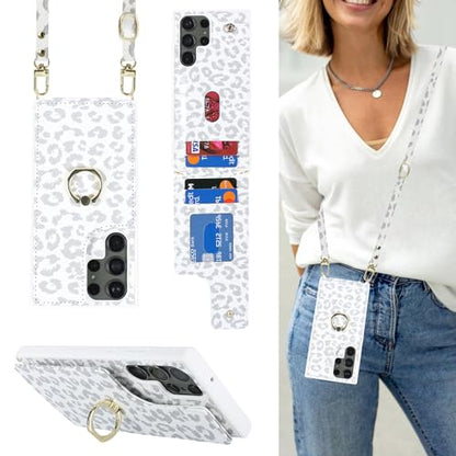 Lipvina for Samsung Galaxy S23 Ultra Case with Card Holder and Strap for Women,Crossbody Lanyard,Ring Stand,Snap Clasp,Cute Phone Wallet Cases 6.8 inch(White Leopard) | Cute Crossbody Lanyard Wallet,4 Card Holder,RFID Blocking,and a 360° Ring Kickstand.Li