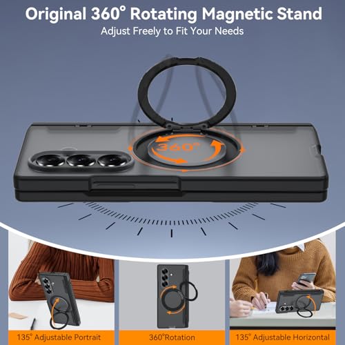 Upgraded 360° Spin Magnetic Invisible Ring Stand for Samsung Galaxy Z Fold 7 Case,[Compatible with MagSafe][S Pen Holder][Hinge Protection][Screen Protector],Shockproof Full Body Phone Cover(Black-1) - color: Black-1
