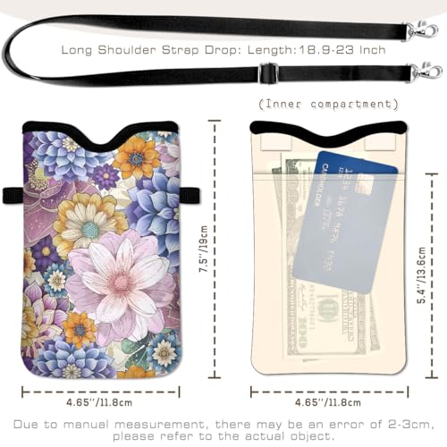 Universal Phone Sleeve Pouch with Crossbody Strap 7.6 X 4.3 Inches Shockproof Water Resistant Mobile Protection Bag-Purple Boho Floral Neoprene Phone Pouch Bag - color: Purple Boho Floral-Phone Pouch