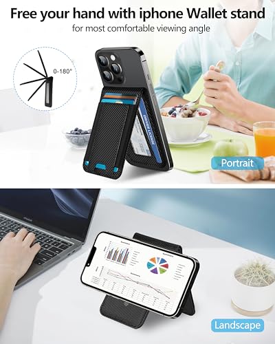 for MagSafe Wallet, Adjustable Stand, 9 Card Holder, Open ID Window - color: Black Carbon Fiber