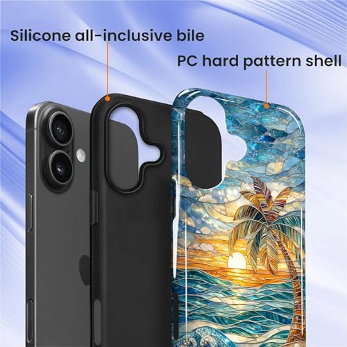 Case for iPhone 16, Dual Layer Phone Cover, Stained Glass Beach Palm | Shockproof Hybrid Phone Case, Soft TPU and Hard PC, Durable Anti-Scratch Protection - color: Stained Glass Beach Palm, size: Iphone 16