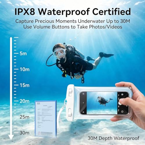 Waterproof Phone Pouch,Underwater IPX8 Phone Case for iPhone 17/16 Pro Max | Phone Dry Bag for Beach Playing &Swimming,Snorkel,Skiing,Surfing Cruise Essentials,Touch Screen with Lanyard(Fits Up to 7.2") - color: White
