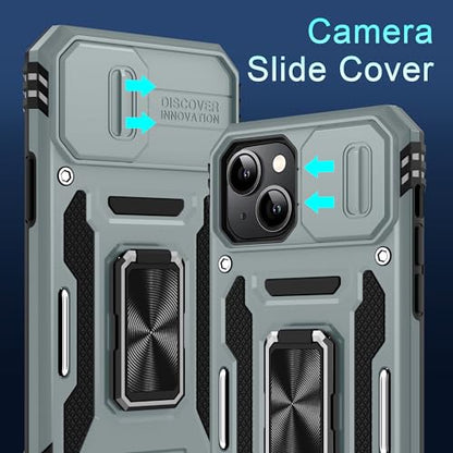 DEERLAMN Case for iPhone 15 with Slide Camera Cover + Screen Protector (2 Packs), Rotated Ring Kickstand Military Grade Shockproof Protective Cover-Grey - color: Grey