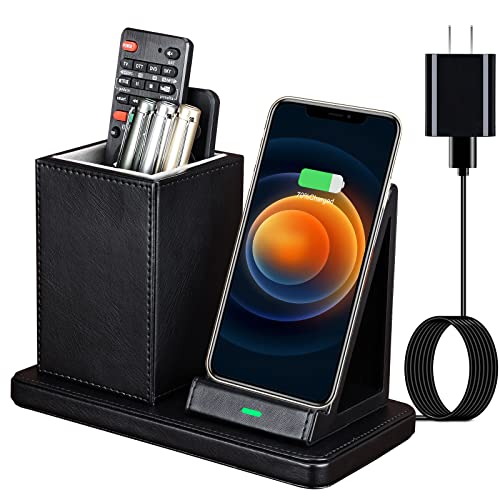 Wireless Charger with Desk Organizer, Wireless Charging Station for iPhone 13/13 Pro Max/13 Pro/12 Series/11/XS Max/XR/X/8Plus/SE 2, Wireless Charging Stand with Leather… (Black) - color: Black