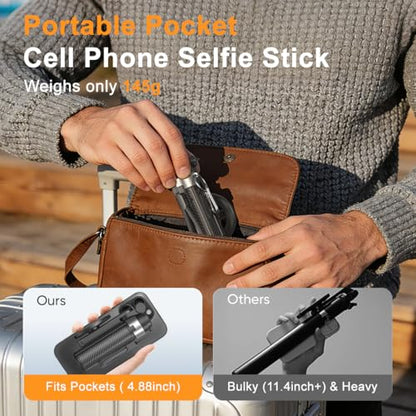 Upgrated 5-in-1 Magnetic Selfie Stick with Remote for Cell Phone 360° Rotation.Can Transforms into Mini Tripod/Camera Grip/Handheld Stabilizer/Phone Stand.Extend to 25 inches - color: Black