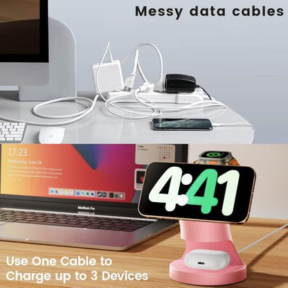 3 in 1 Wireless Charging Station for Apple Devices, Pink - color: Pink