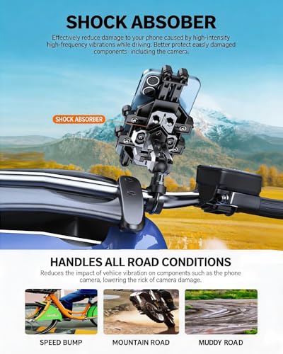 Motorcycle Phone Mount Holder - [Dual Dampener] [Anti Shake] Motorcycle Cell Phone Mounts,Adjustable Bike Phone Holder, Fit for iPhone Samsung LG Google All 4.7-7.2" Phones,Black