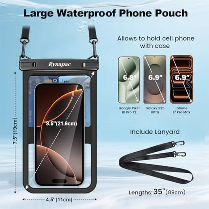 Rynapac Large Waterproof Phone Pouch [Up to 8.5"] - 2 Pack IPX8 Waterproof Phone Case for iPhone 17 16 15 Pro Max Galaxy S26 Ultra, Touchscreen & Underwater Photography, Beach Cruise Essentials 2026 - color: [(Clear)Black+Black] Large Waterproof Phone Pou