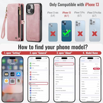 Defencase for iPhone 13 Phone Case Wallet Compatible with Magsafe, Rosepink | Magnetic Detachable, Drop-Proof Protective Wallet Cases Cover, with RFID Bolcking Card Holder, Zipper Strap, Soft PU Leather - color: (Detachable with Magsafe)-Pink
