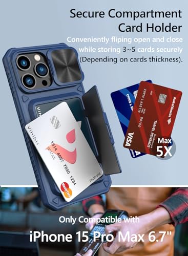 Vihibii for iPhone 15 Pro Max Case Wallet with Card Holder (4 Cards), Blue | Slide Camera Cover, Kickstand, Military Grade Drop Protection, Rugged Hard Back, Silicone Edge Wallet Phone Case, 2023, Blue - color: Blue, size: iPhone 15 Pro Max