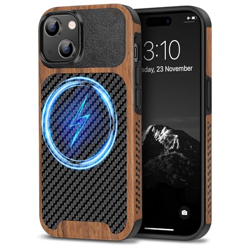 TENDLIN Magnetic Case Compatible with iPhone 15 Case Wood Grain with Carbon Fiber Texture Design Leather Hybrid Slim Cover (Compatible with MagSafe) Black - color: Magnetic Black, size: iPhone 15