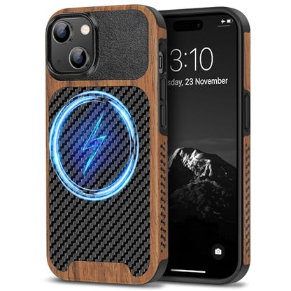 TENDLIN Compatible with iPhone 15 Plus Case Wood Grain with Carbon Fiber Texture Design Leather Hybrid Slim Case (Compatible with MagSafe) Black - color: Magnetic Black, size: iPhone 15 Plus