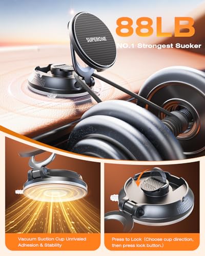 SUPERONE for MagSafe Car Mount Charger, 15W Fast Charging Magnetic Wireless Car Charger [88+LBS Ultra Suction & 2800gf Strong Magnetic] 360° Vacuum Magnetic Phone Holder for iPhone - color: gray