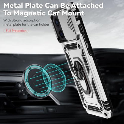 for iPhone 12 Mini Case with Camera Lens Cover HD Screen Protector, Dual Layer Military Grade Drop Protection Magnetic Ring Holder Kickstand Protective Phone Case for iPhone 12 Mini 5.4 inch (Silver) - color: Silver with camera cover Military-Grade 2nd ge