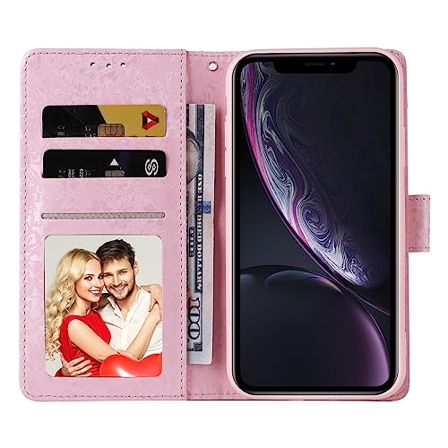 UEEBAI Wallet Case for iPhone XR, PU Leather Phone Case Kickstand RFID Blocking Flip Case with Card Slots Wrist Strap Relief Engraved Pattern Magnetic Closure Folio Case - Multi-Flower - color: Multi-Flower